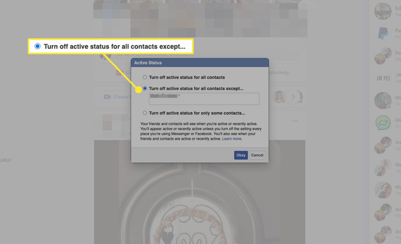 Choose Turn Off Active Status for All Contacts except to allow some people to see your online status