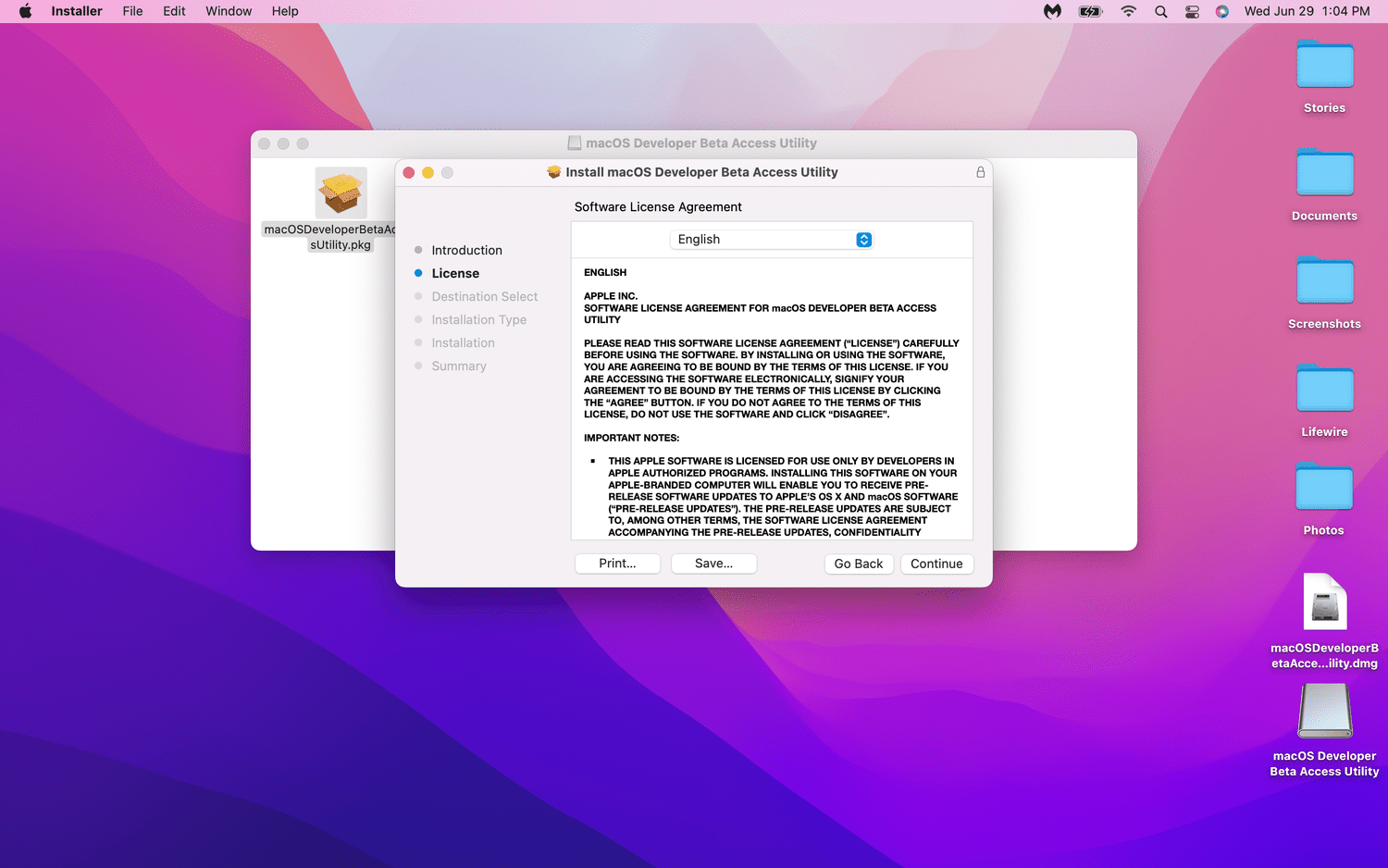 Continue highlighted in the macOS software agreement.