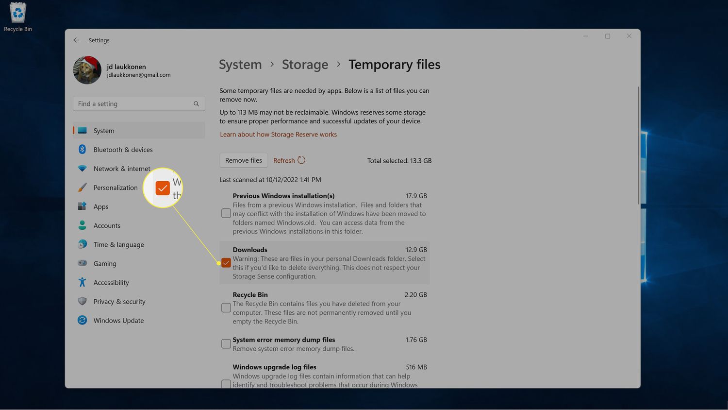 The check boxes highlighted in Windows 11 temporary file settings.