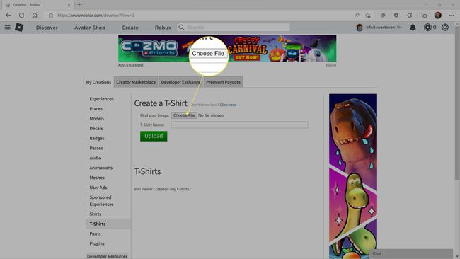Choose File highlighted on the Roblox website.