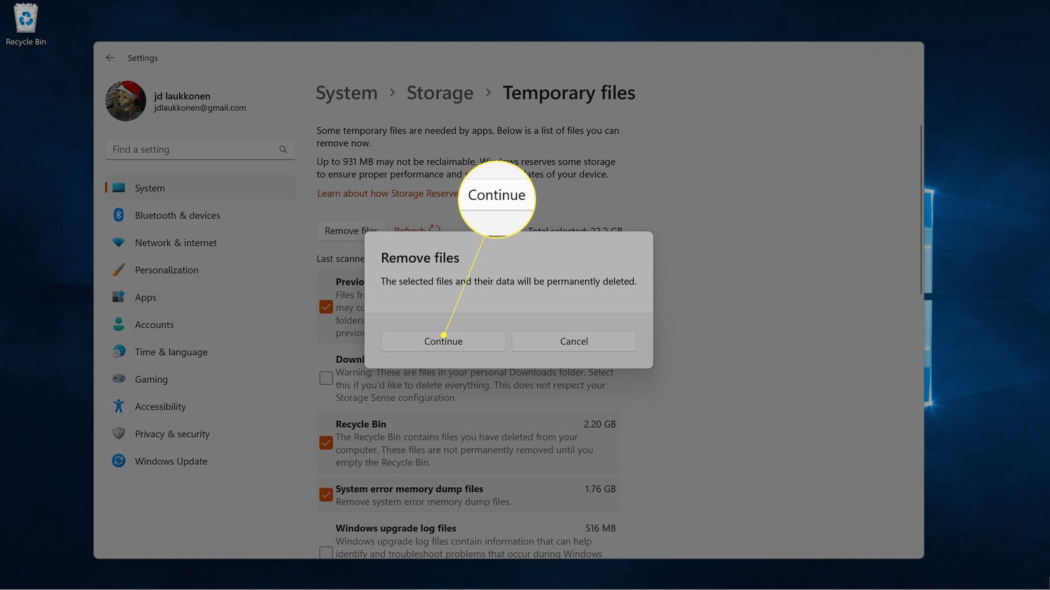 Continue highlighted in a Windows 11 remove files popup.