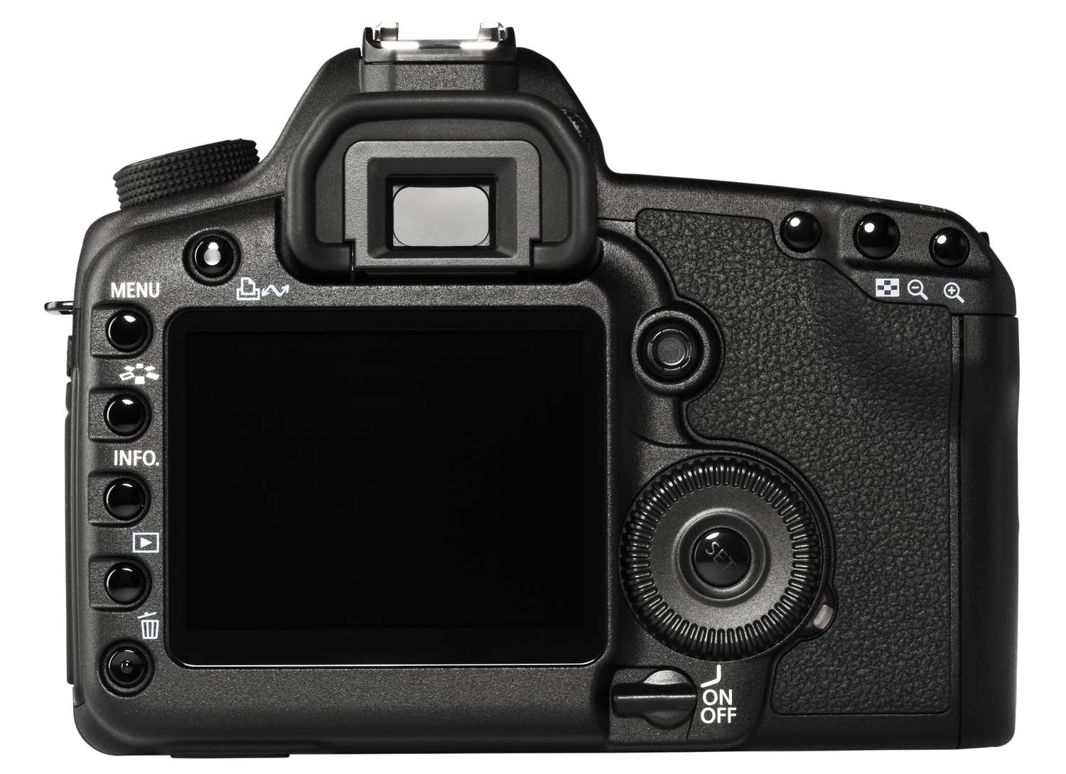 Rear view of a digital SLR camera showing the Menu button