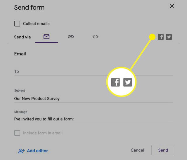 Facebook and Twitter options for sending a form