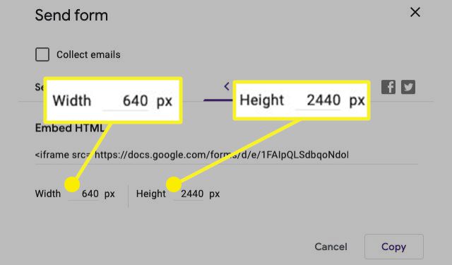 Width and Height settings for the embed code