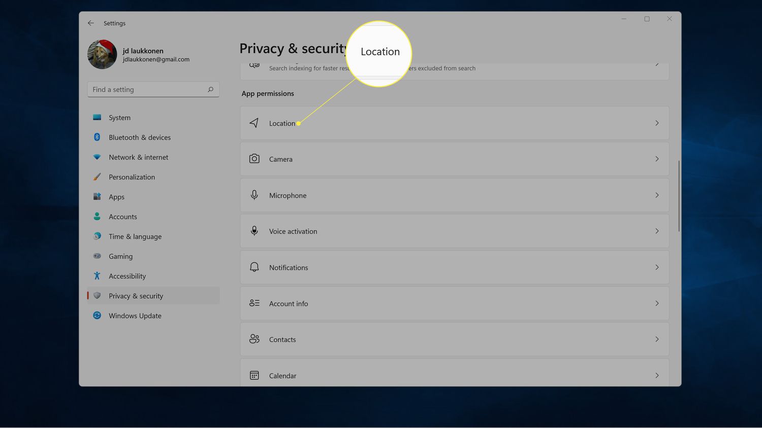 Location highlighted in Windows 11 Privacy & Security.