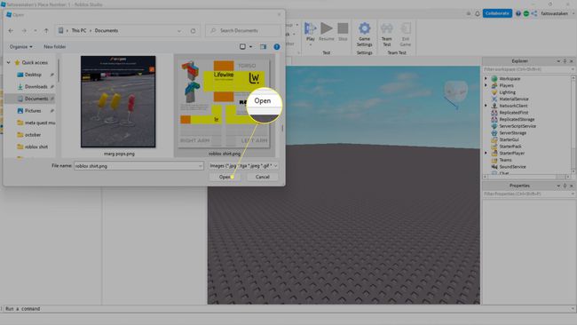 Roblox Shirt template and Open highlighted.