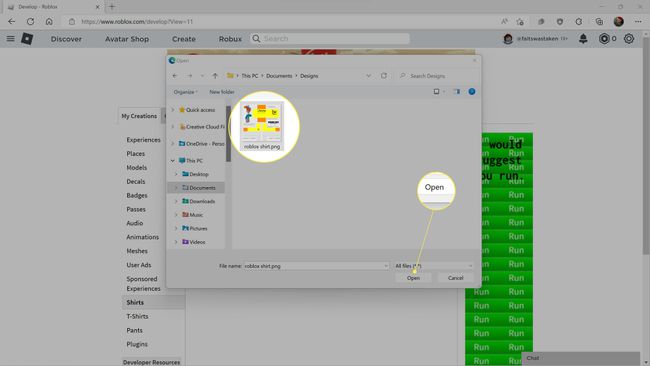 A Roblox shirt template and Open highlighted in uploading a Roblox t-shirt.