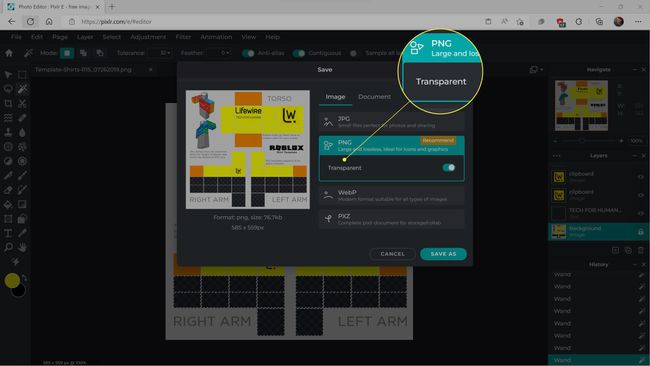 Saving a Roblox shirt template as a PNG with transparency.