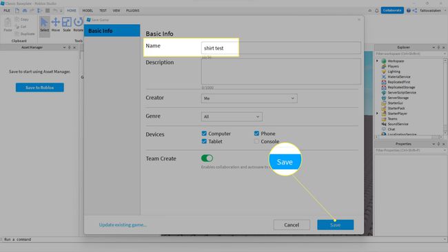 Save highlighted in Roblox Studio.