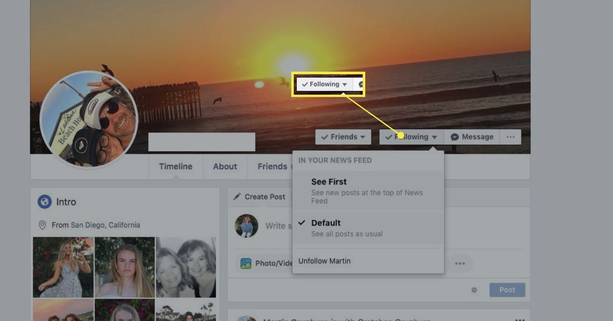 Following button on Facebook profile page