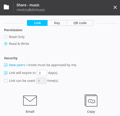 bittorrent sync sharing link, key and qr code