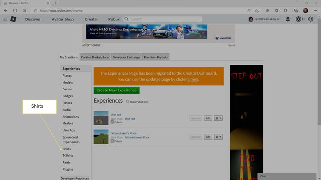 Shirts highlighted on the Roblox My Creations page.