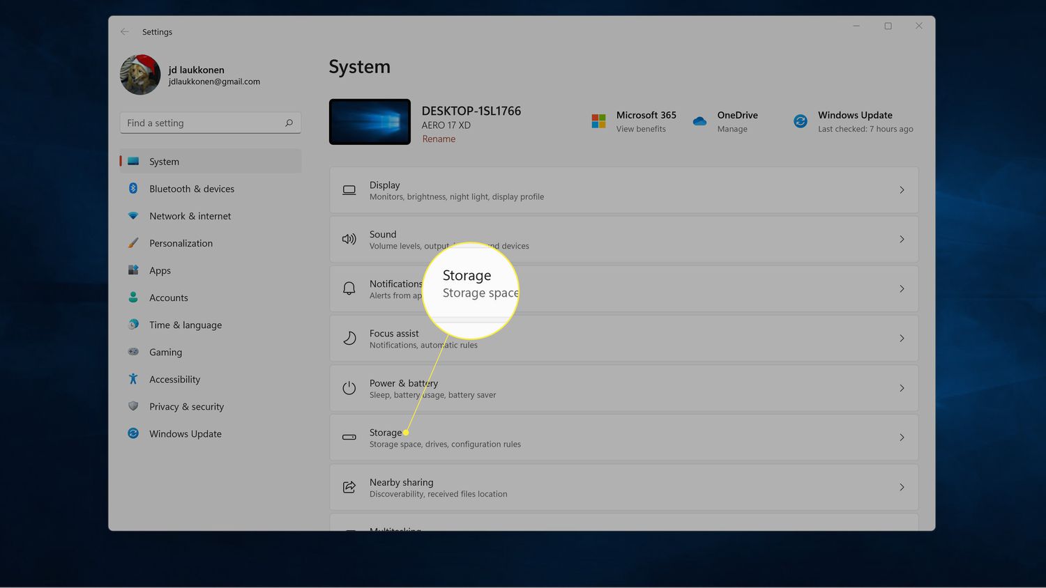 Storage highlighted in Windows 11 system settings.