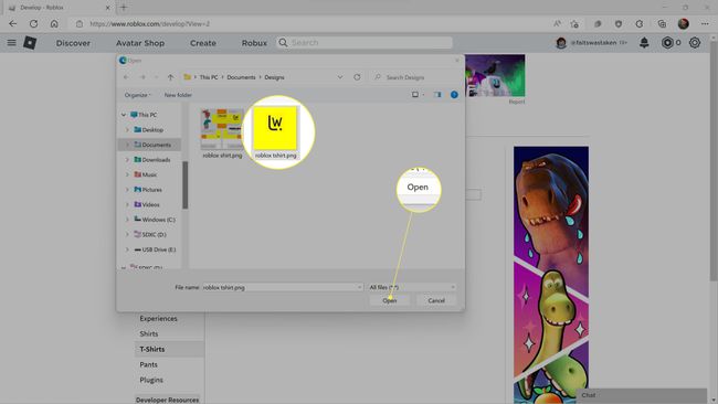A Roblox t-shirt design and Open highlighted in uploading a Roblox t-shirt.