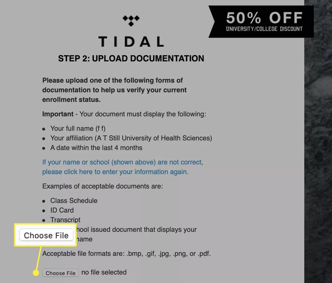 A Tidal user uploads documentation proving their status as a student