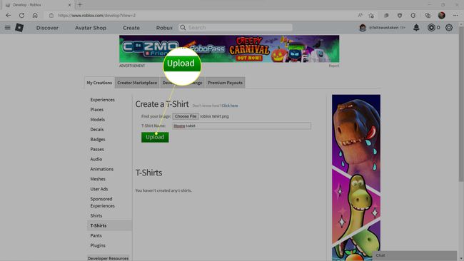 Upload highlighted on the Roblox website.