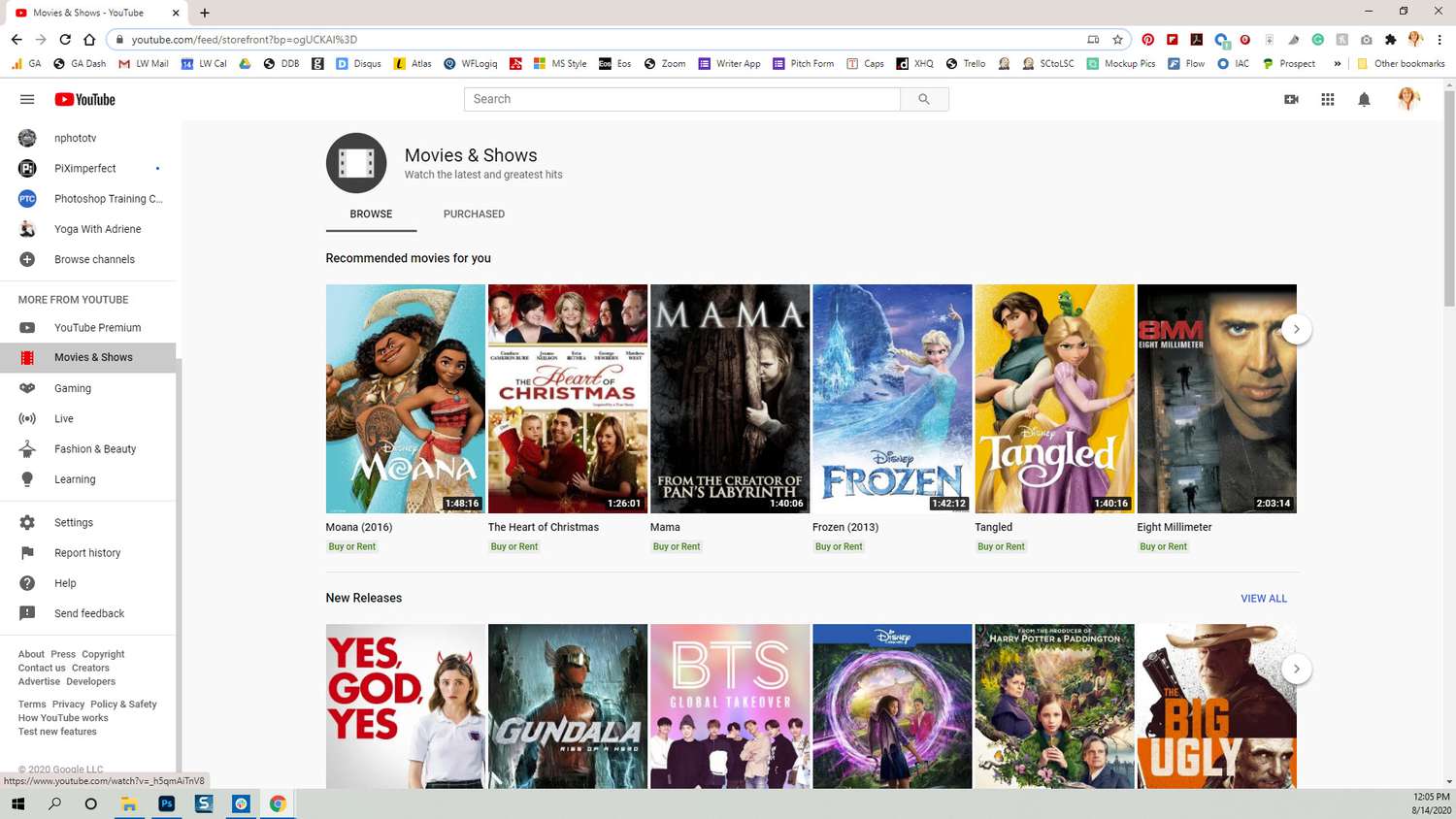 YouTube paid movies and shows page in Chrome browser