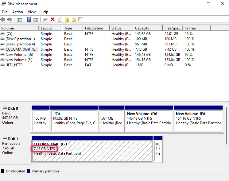 checking correct size in disk management