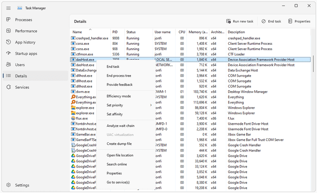 dasHost.exe Task Manager options