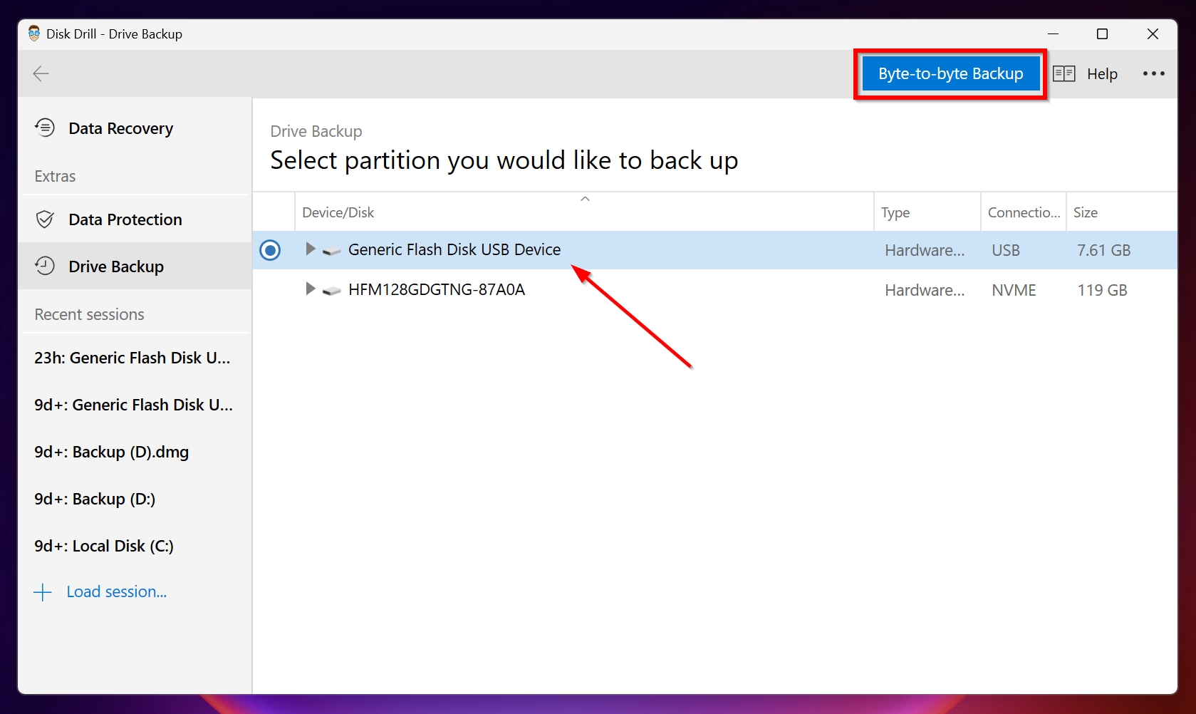 Byte-to-byte backup screen in Disk Drill.