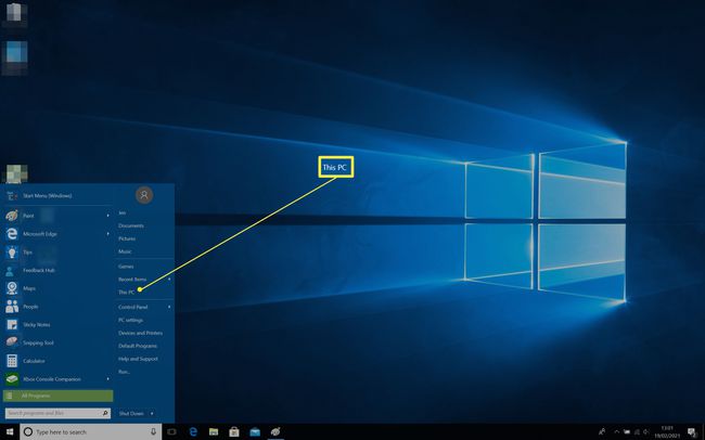 Windows 10 Start Menu with This PC highlighted