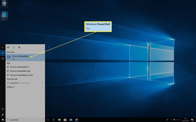 Windows 10 search bar results with Powershell highlighted