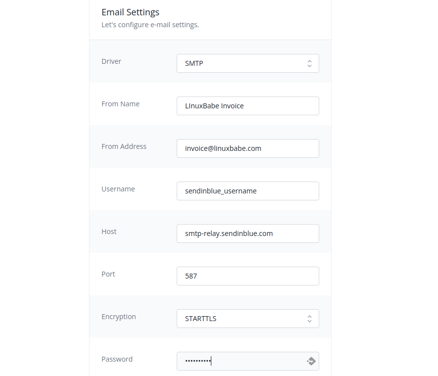 invoiceninja SMTP settings