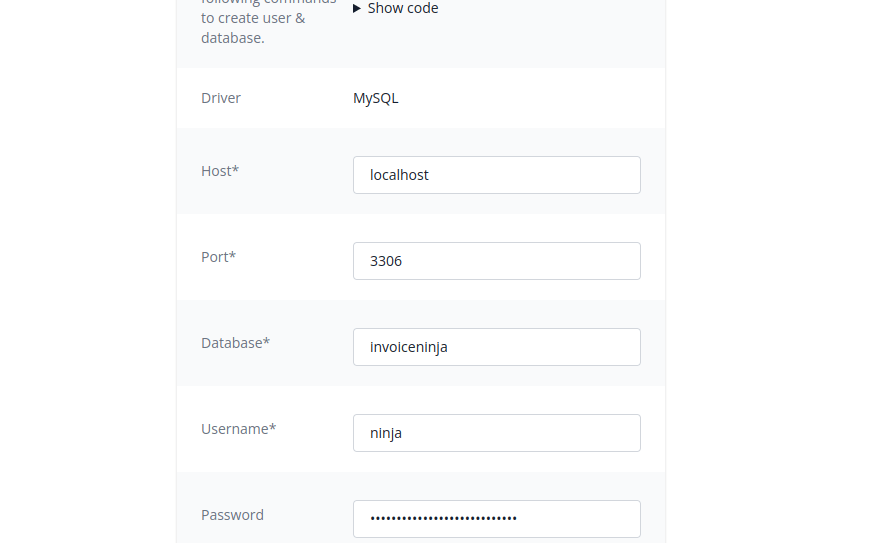 invoiceninja mariadb database connection