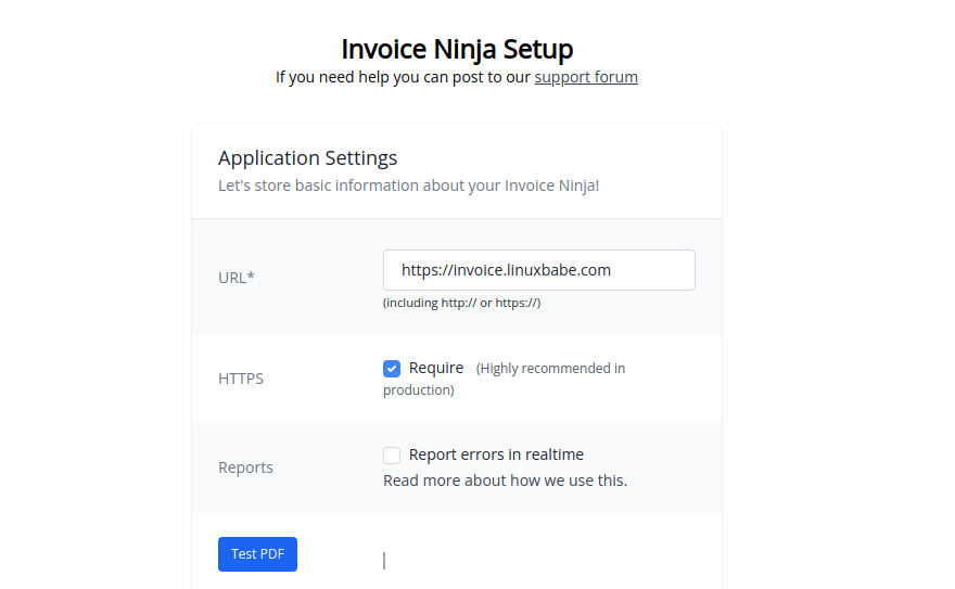 invoiceninja web-based setup wizard