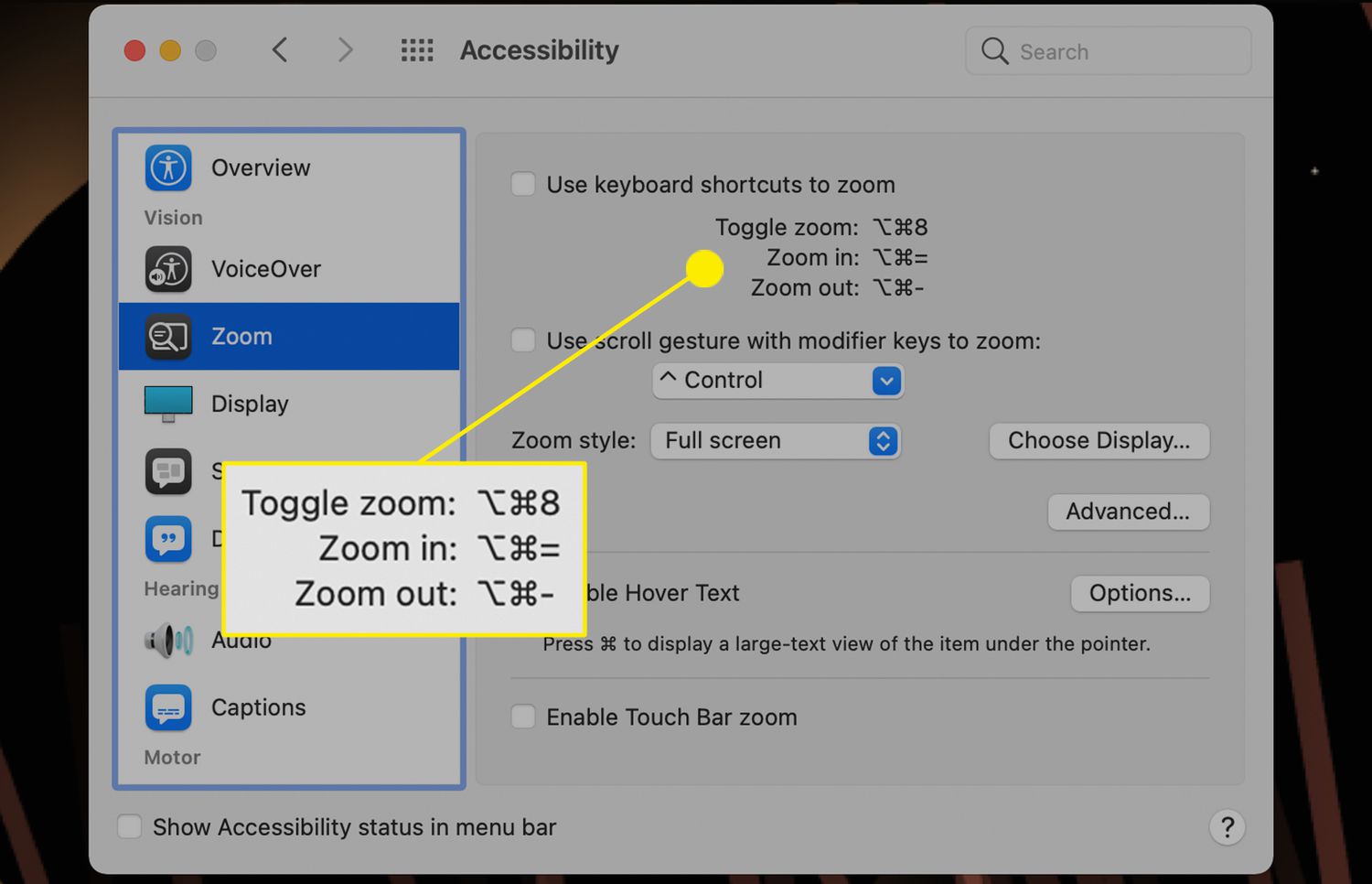 Keyboard shortcut commands highlighted in Mac Accessibility menu