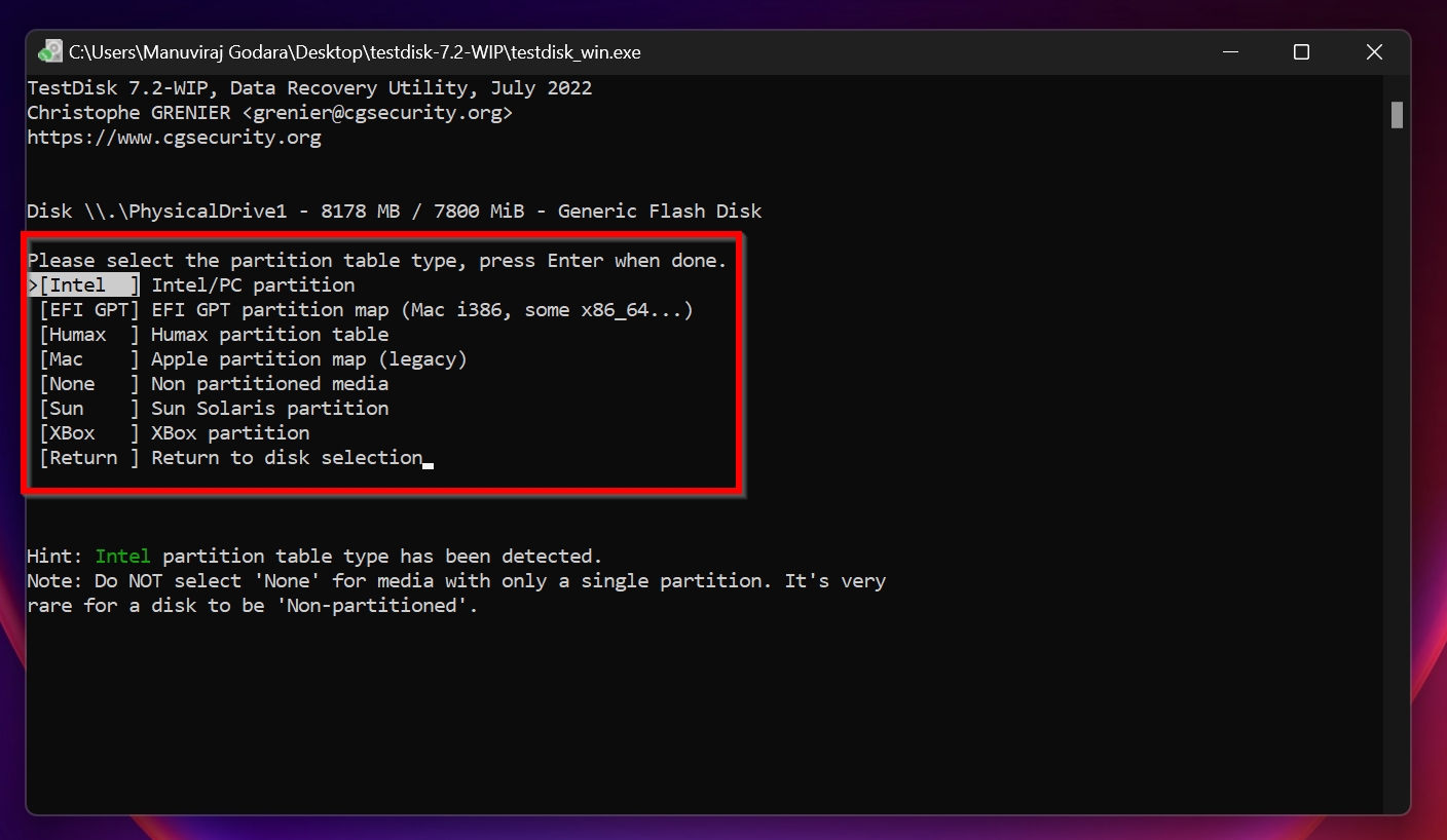 Partition type selection screen in TestDisk.