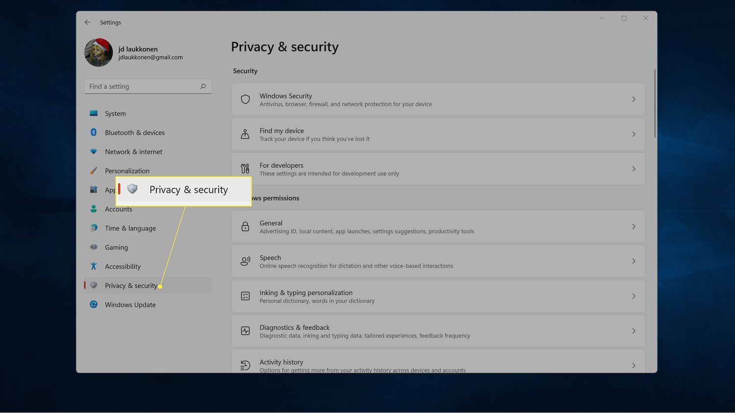 Privacy & security highlighted in Windows 11 settings.