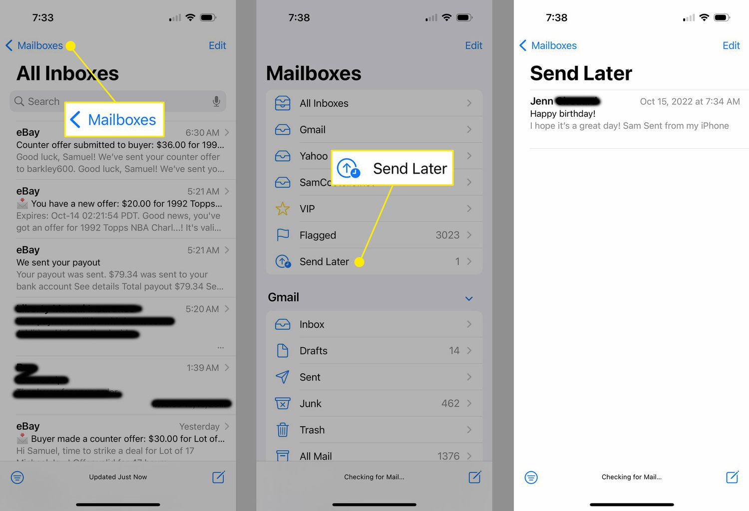 Screenshots to change a scheduled email on iPhone