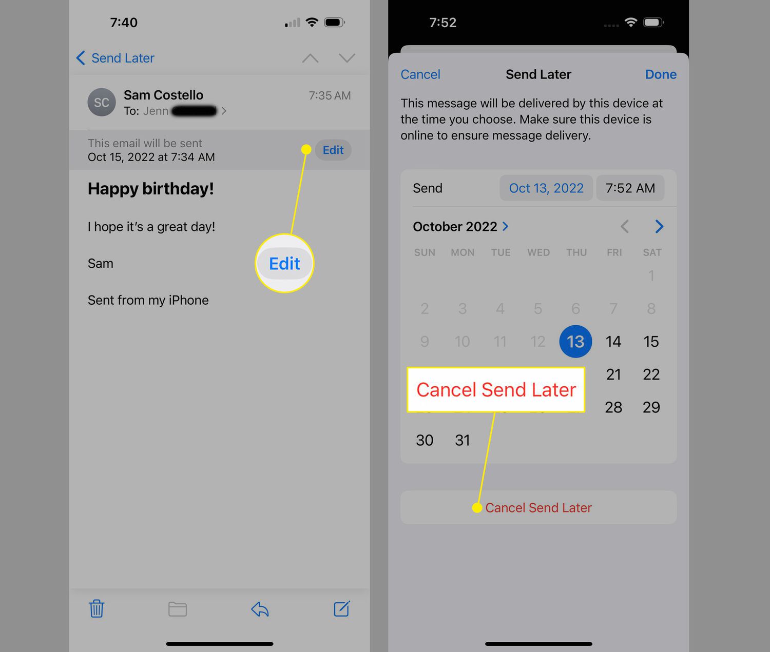 Screenshots to pick a new day and time for a scheduled email on iPhone