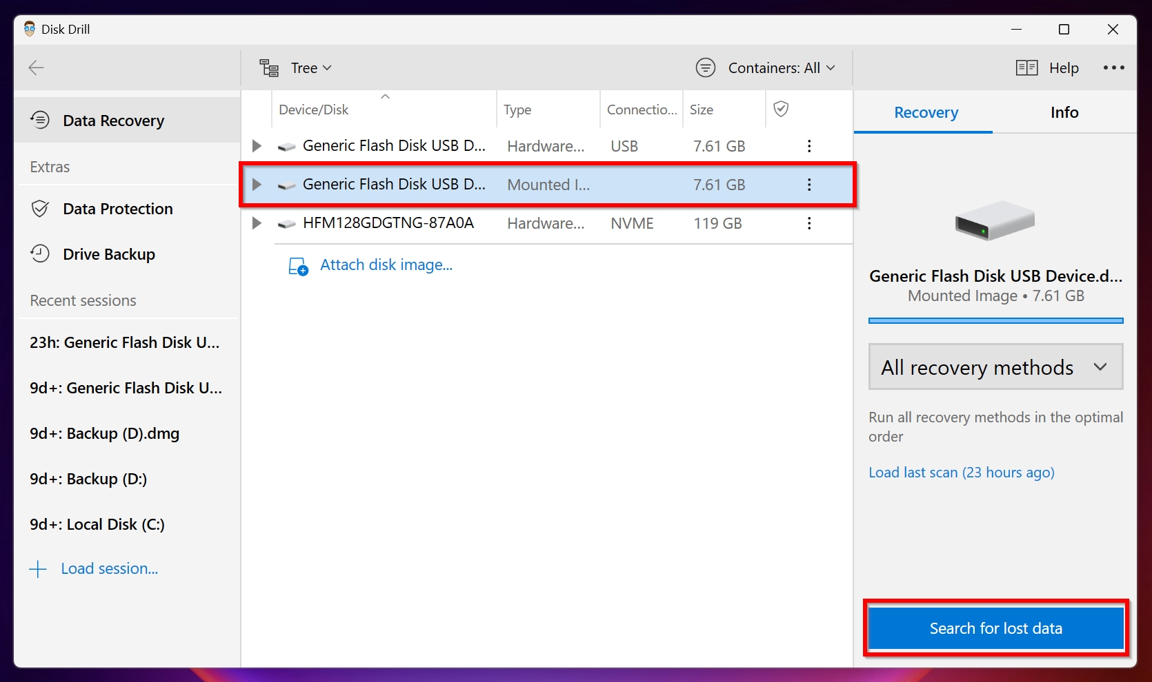 Search for lost data option in Disk Drill.