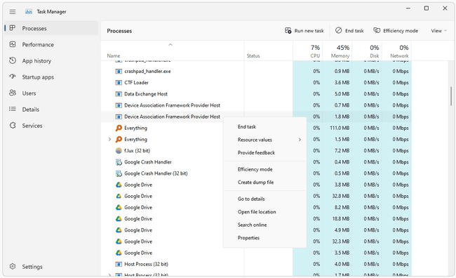 Device Association Framework Provider Host end task option in Task Manager