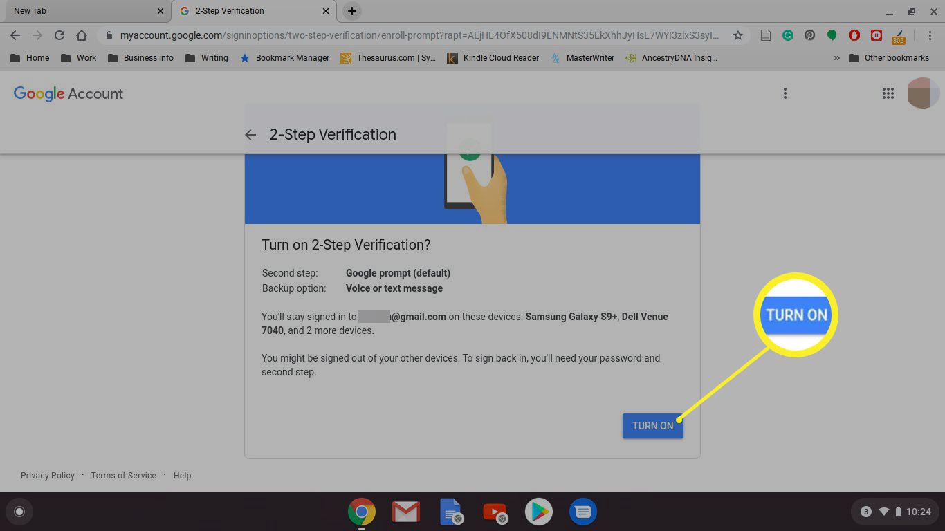 Turning on 2-step verification