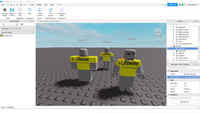 Several Roblox models wearing a custom shirt.