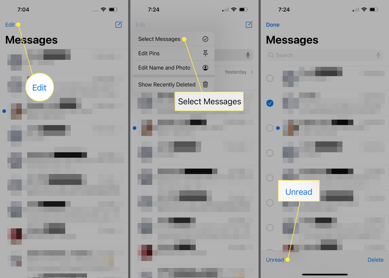 Edit, Select Messages, and Unread highlighted in iPhone Message