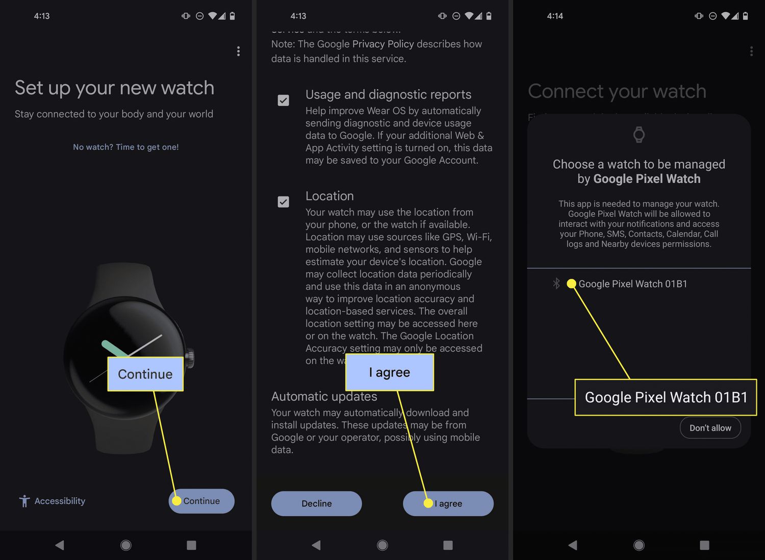 Continue, I agree, and Google Pixel Watch highlighted in the Google Pixel Watch app