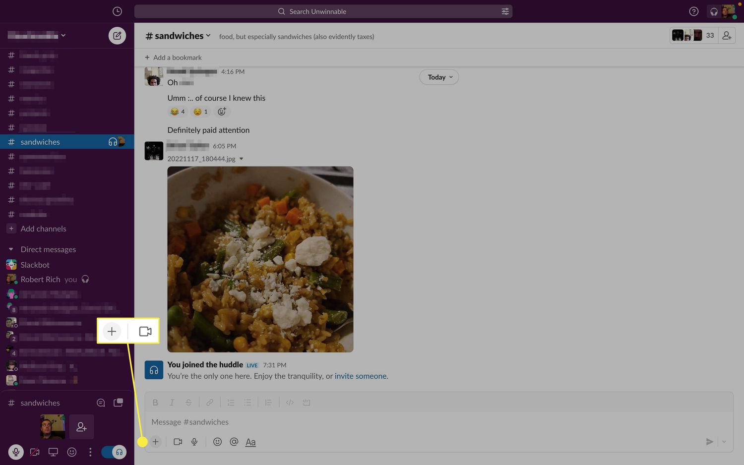 New Window and camera icons highlighted in Slack huddle