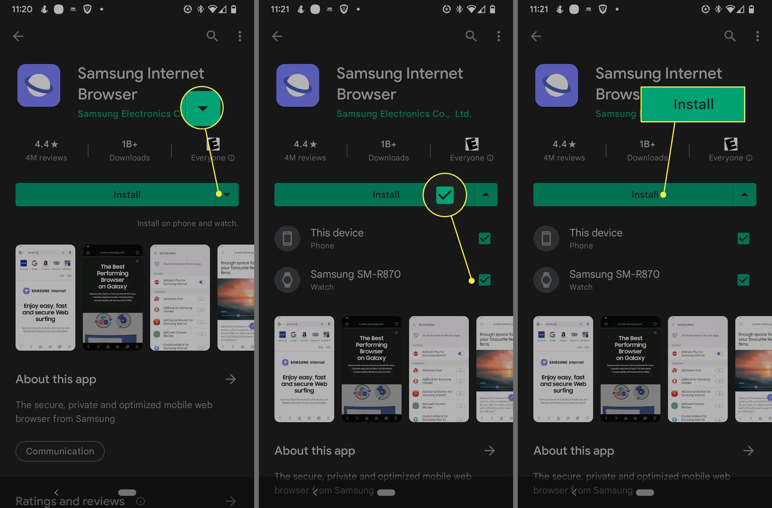 Expand arrow, Checkbox, and Install in Google Play Store