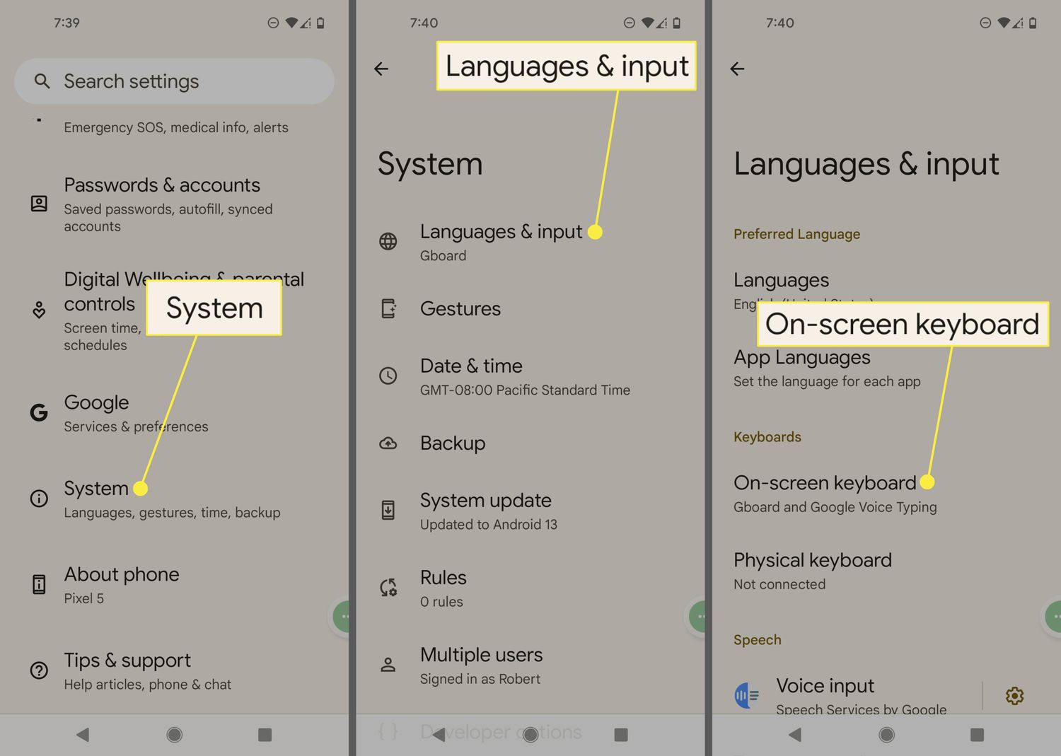 System, Language and input, and On-screen keyboard highlighted in Android Settings