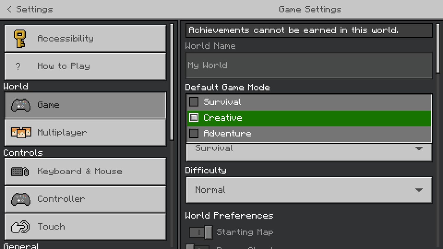 Game and Creative in Minecraft Settings