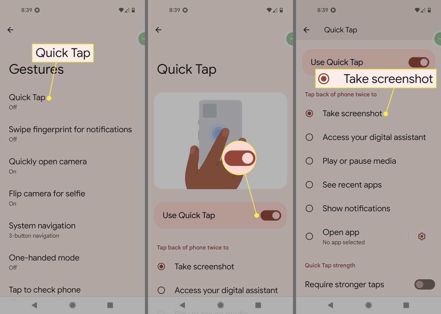 Quick Tap, Use Quick Tap slider On, and Take Screenshot in Android 12 Gesture Settings