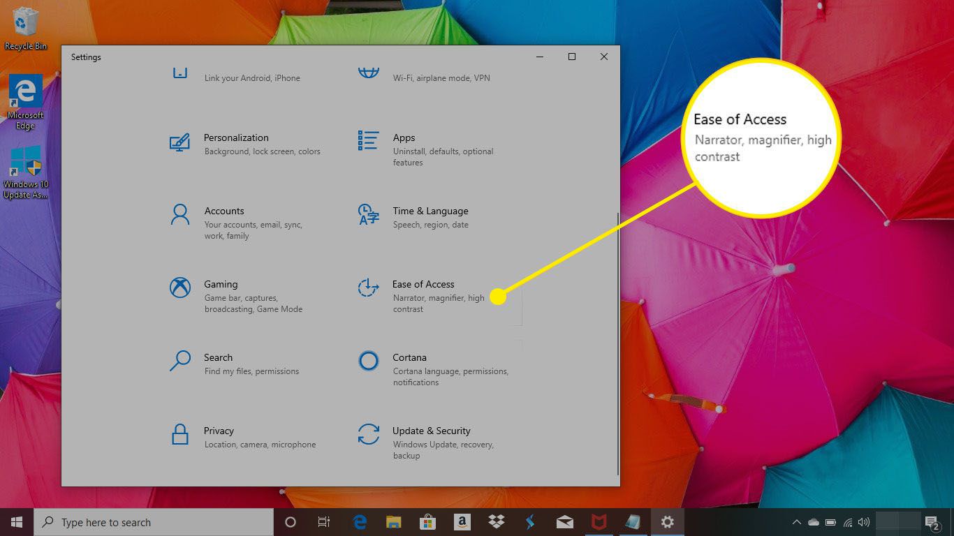 Windows 10 settings with the Ease of Access menu highlighted