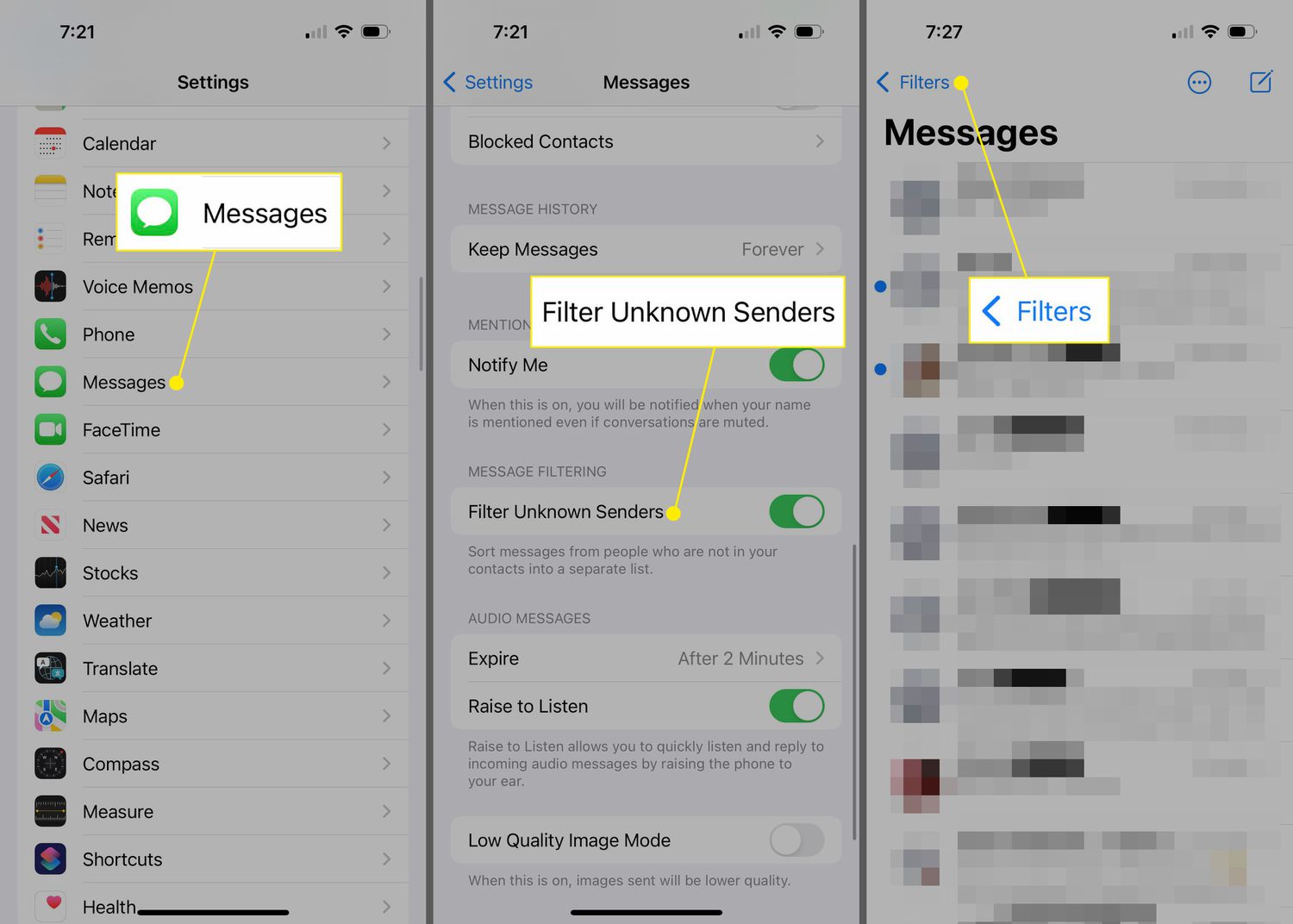 Messages, Filter Unknown Senders, and Filters highlighted in iPhone Messages