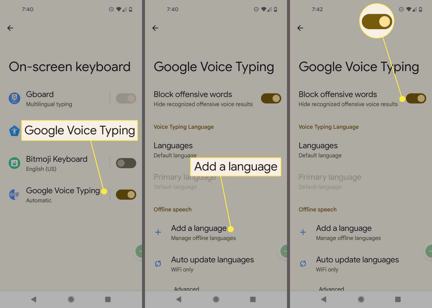 Google Voice Typing, Add a language, and Block offensive words switched On in Android Settings