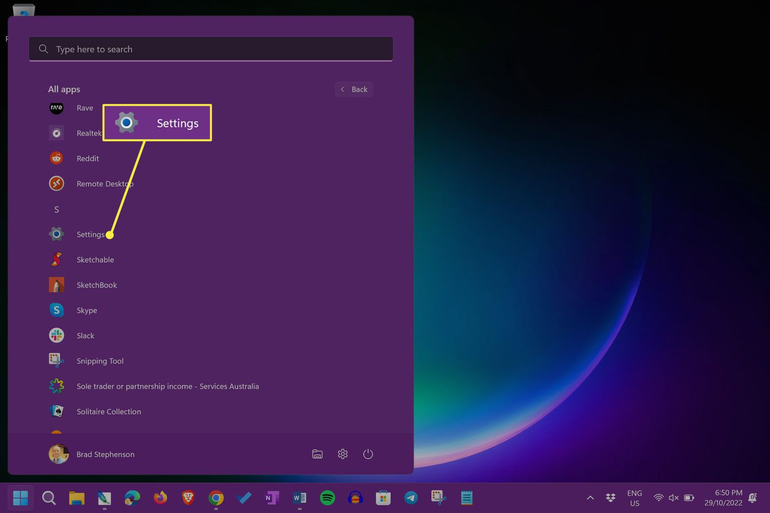 Settings in the Windows 11 Start menu app list