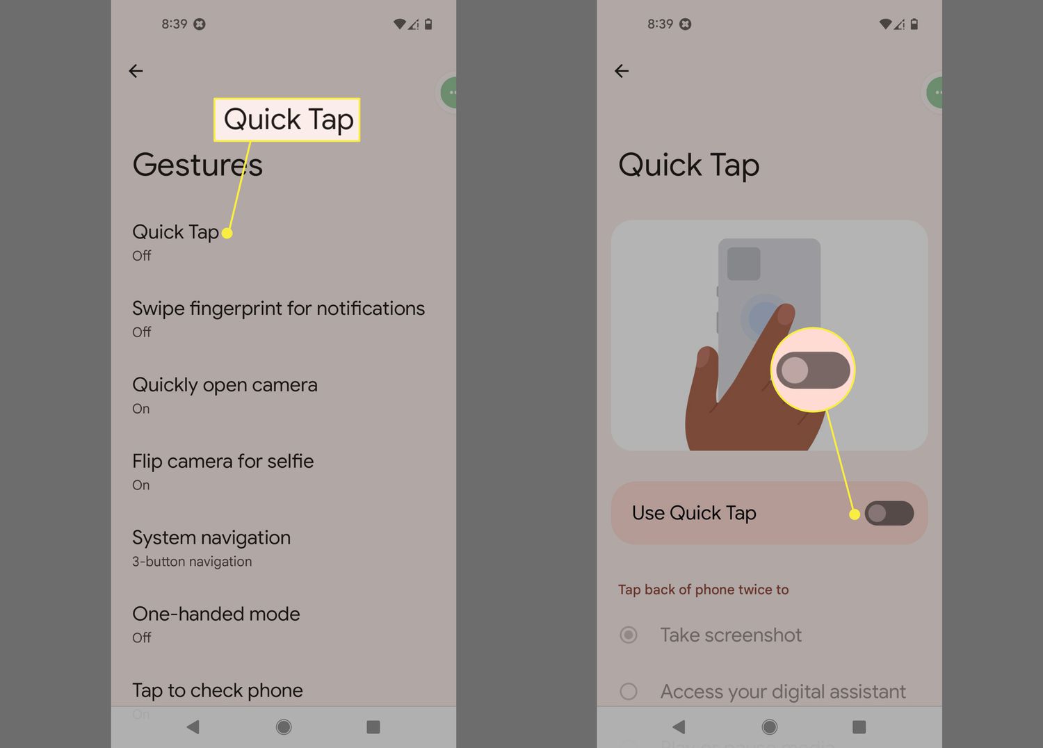 Quick Tap and Use Quick Tap switch off in Android 12 Gesture Settings